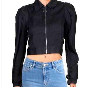 Danielle Bernstein black zip up cropped jacket shoulder puff size S